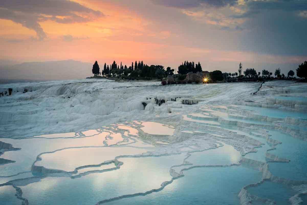 Sunset Over Water Terraces Pamukkale Denizli Turkey