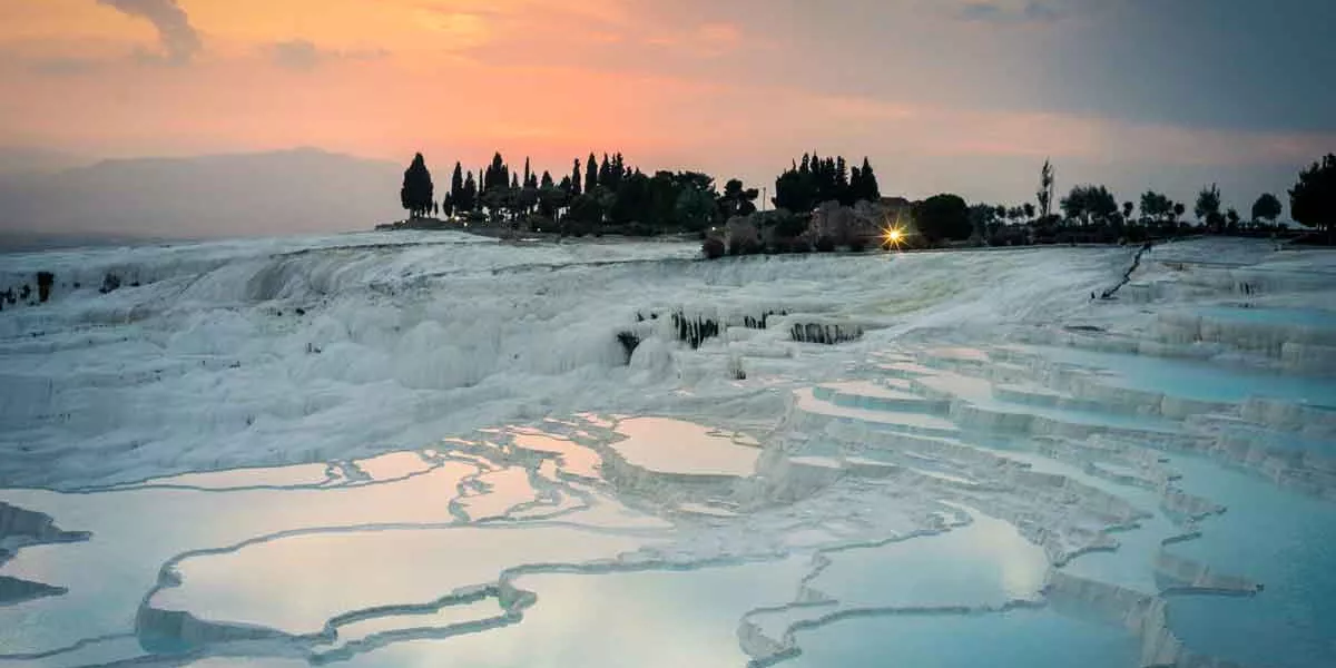Sunset Over Water Terraces Pamukkale Denizli Turkey