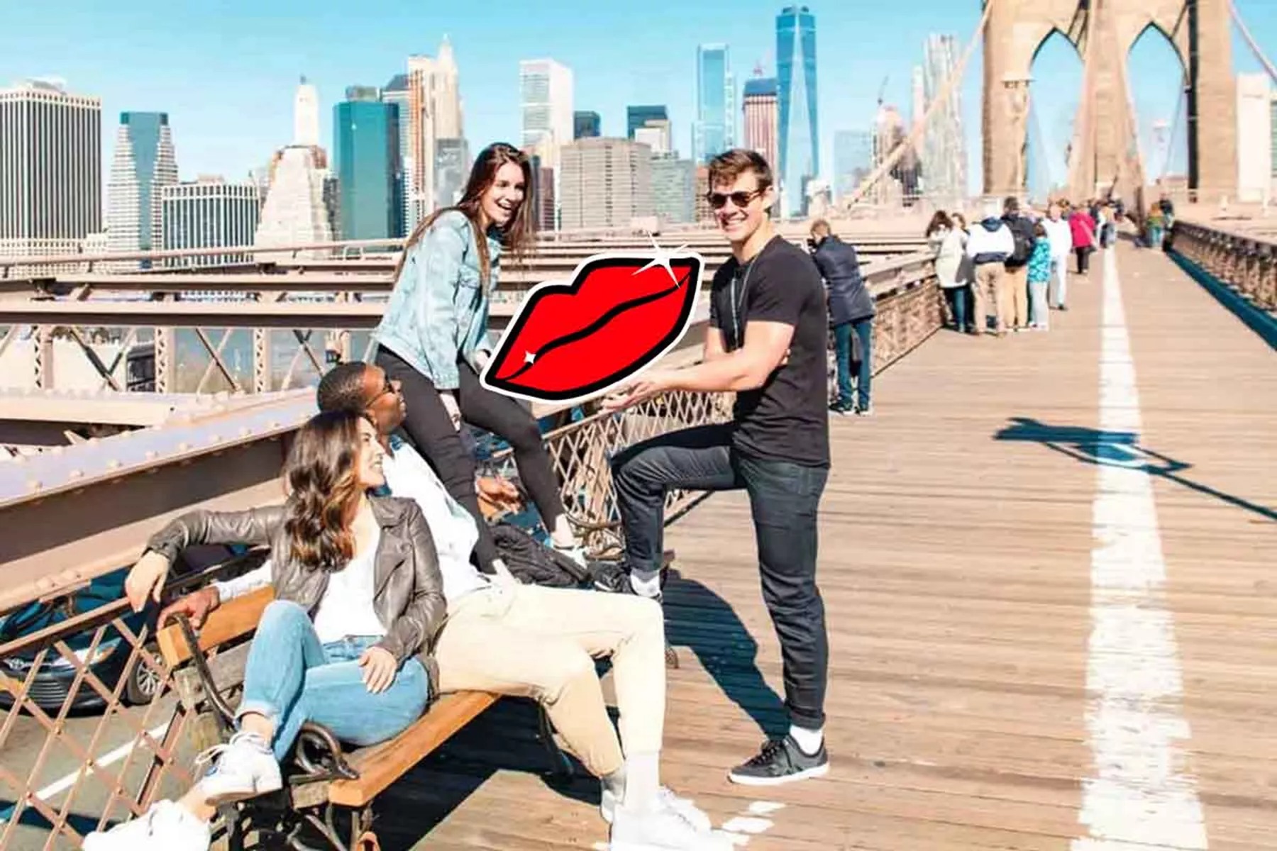 Young group of Contiki travelers on New York Bridge, USA