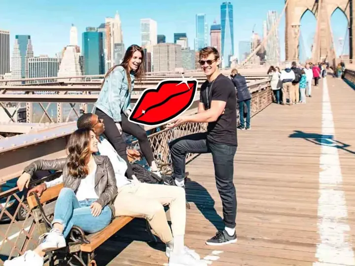 Young group of Contiki travelers on New York Bridge, USA