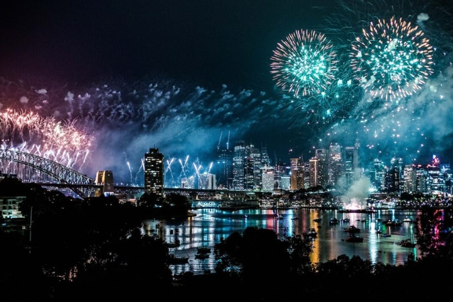 Fireworks over the city panorama