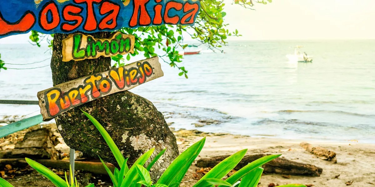A tree with some Spanish signs and the sea at the back in Costa Rica.