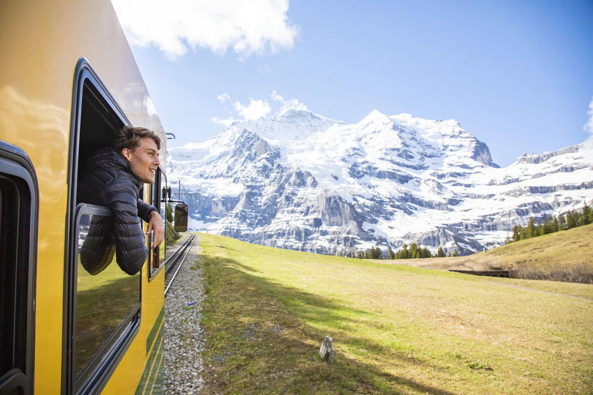 Person Looking At Snowy Mountains From Train Window