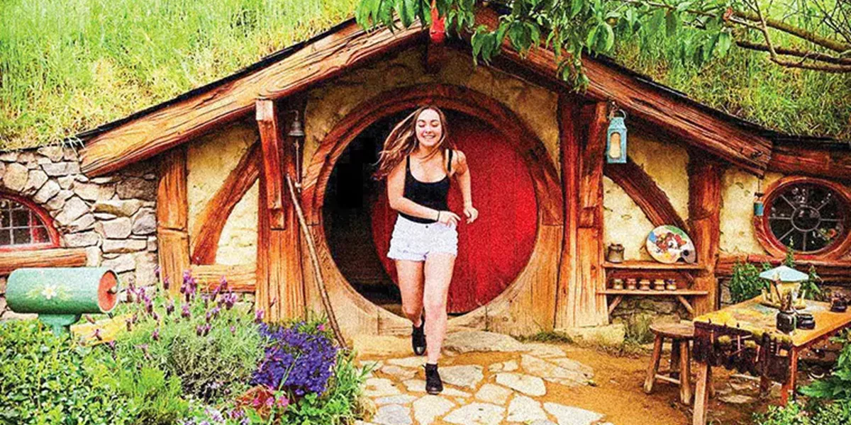 Tourist visiting Hobbiton New Zealand