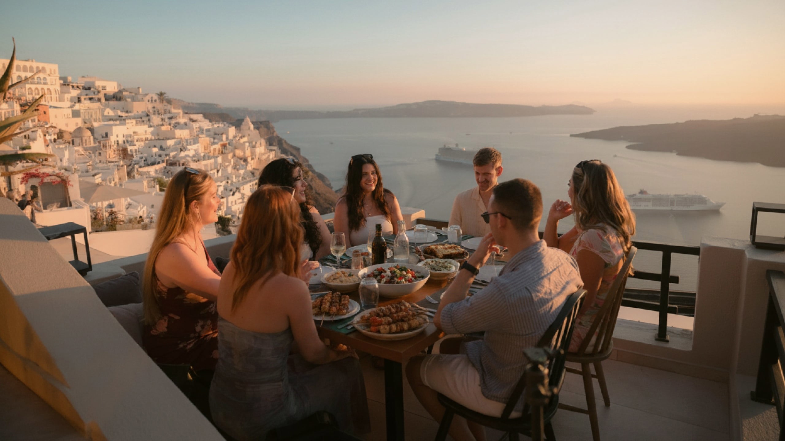 Contiki travellers gather for an evening meal overlooking Santorini's iconic whitewashed villages and sparkling Aegean Sea - Best of Greece Tour