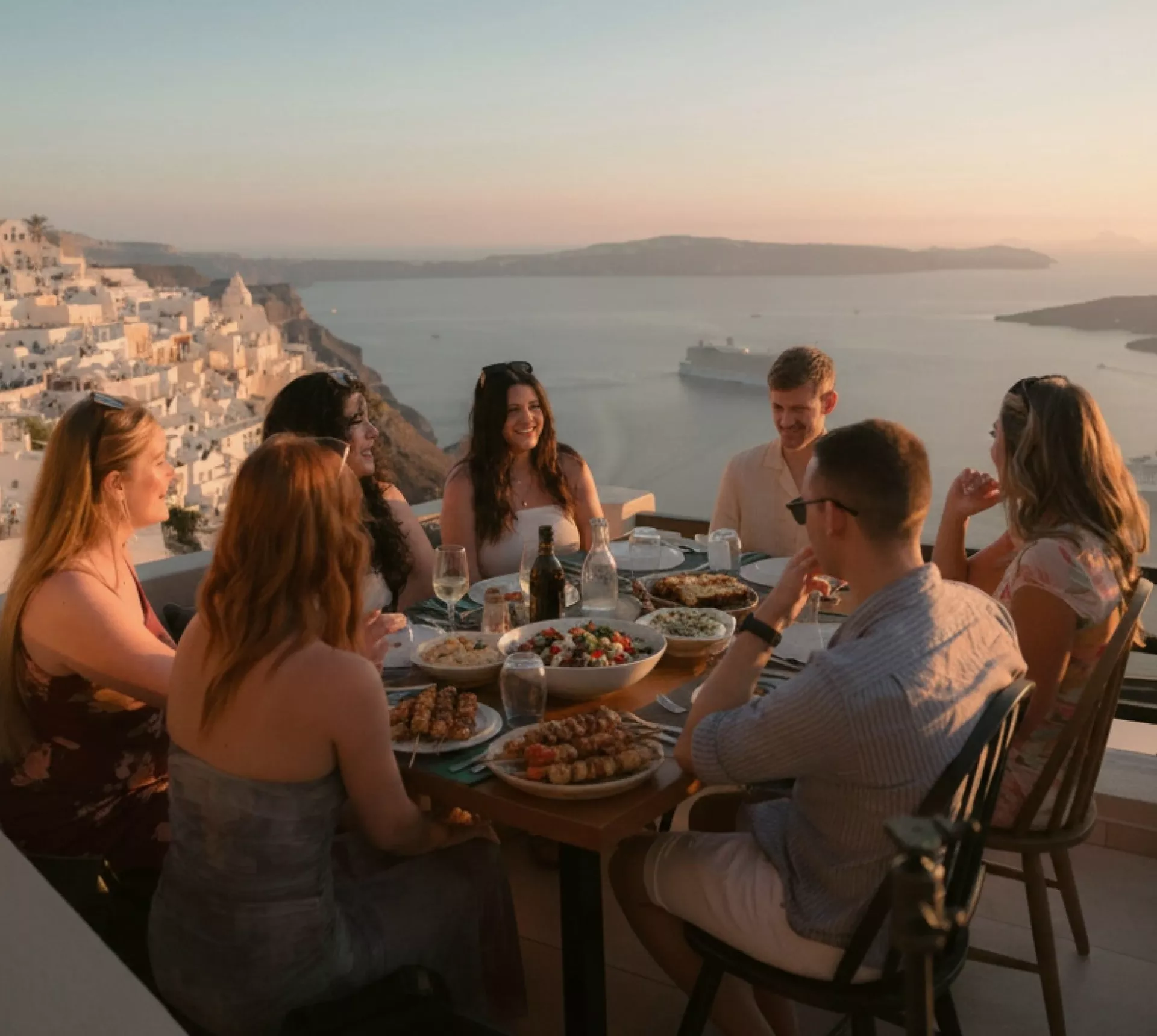 Contiki travellers gather for an evening meal overlooking Santorini's iconic whitewashed villages and sparkling Aegean Sea - Best of Greece Tour