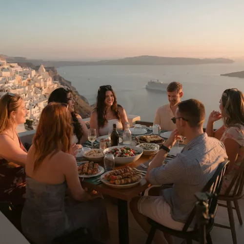 Contiki travellers gather for an evening meal overlooking Santorini's iconic whitewashed villages and sparkling Aegean Sea - Best of Greece Tour