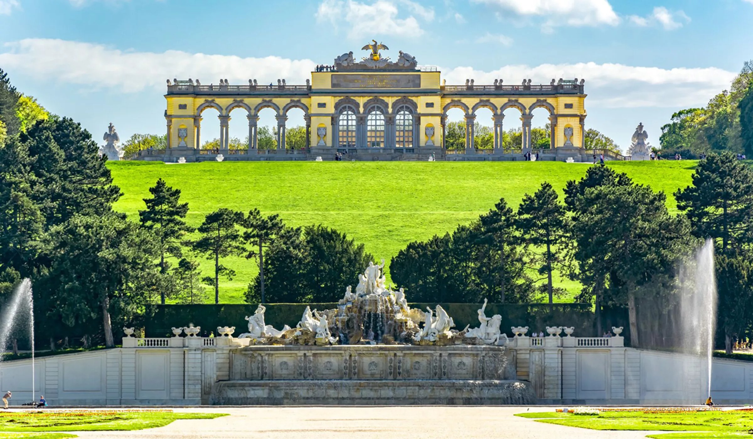 Large Gloriette Pavilion And Neptune Fountain In Schonbrunn Park Vienna Austria