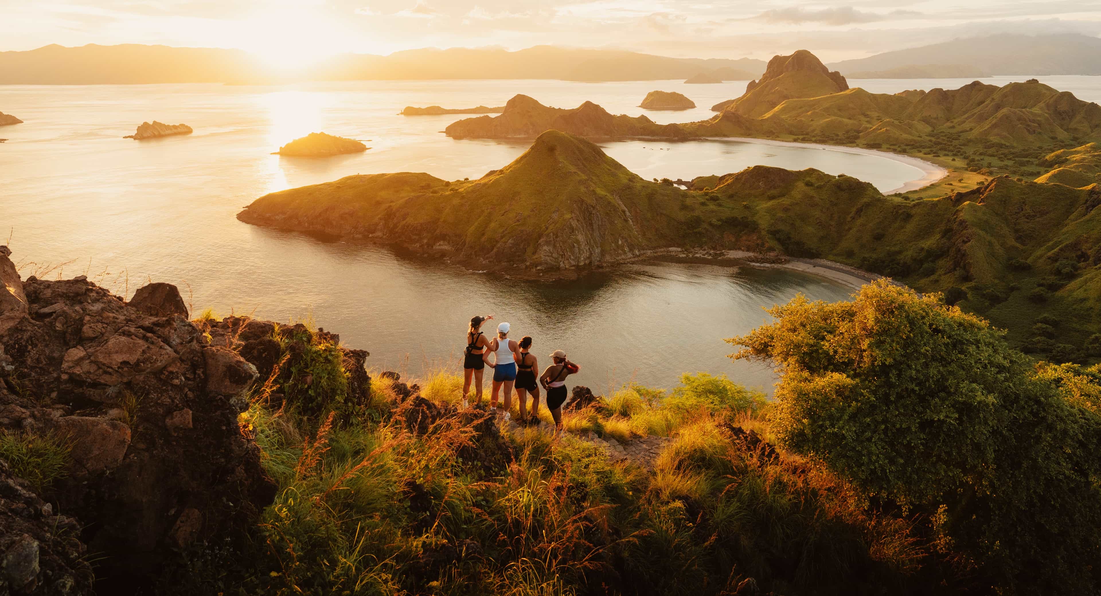 Travellers Hiking Komodo Island Bali Indonesia Sunset