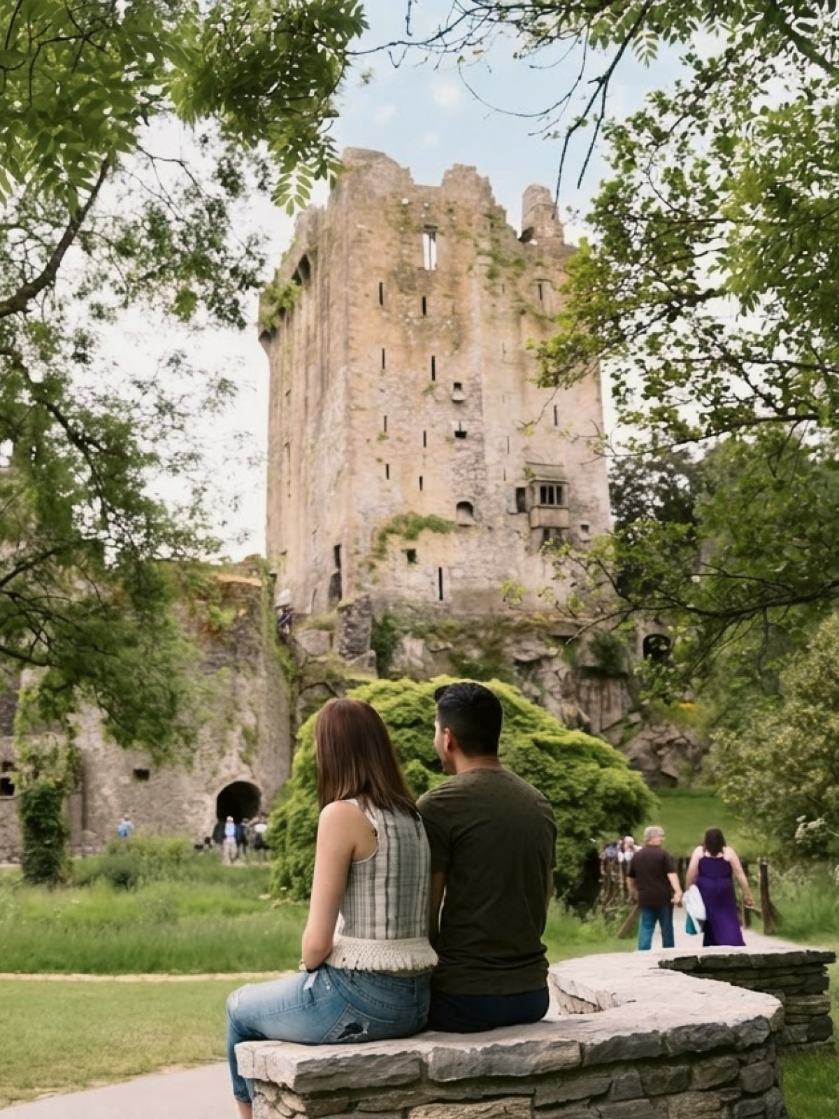 Travellers enjoying the view of a castle