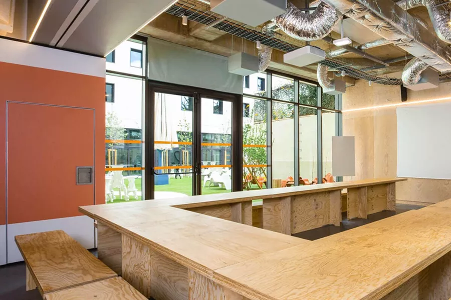 A room with wooden countertops