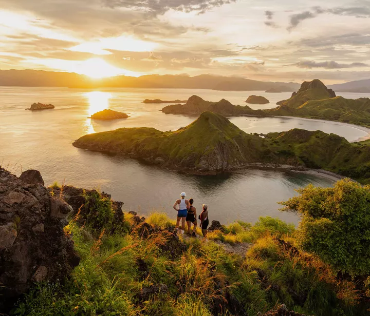 People Looking At Sunset Sea Green Mountains Opacity