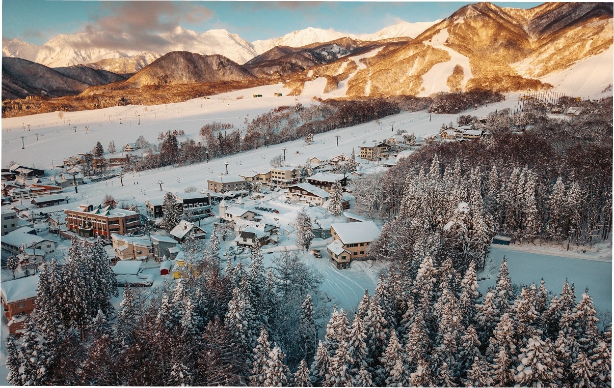 Accom Aerial View Hakuba Resort Japan Sunset