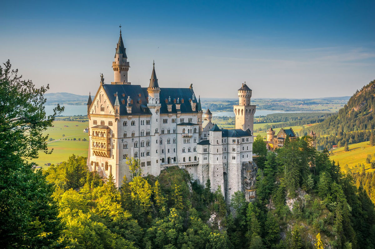 Famous Neuschwanstein Castle With Scenic Mountain Landscape Near Fussen Germany