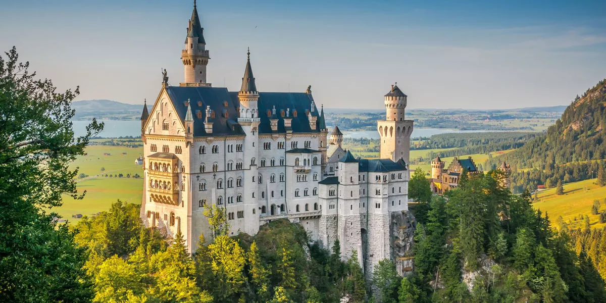 Famous Neuschwanstein Castle With Scenic Mountain Landscape Near Fussen Germany