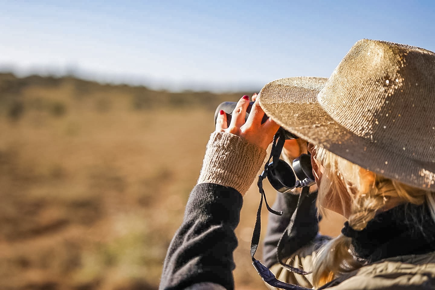 Traveller using binoculars overlooking game reserve