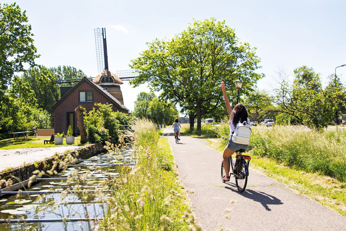 Biking Ride Next To Windmill Sunny Day