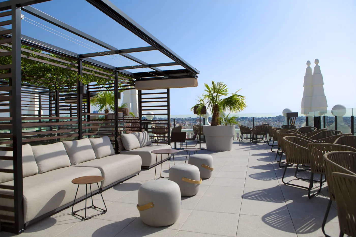 Sunny roof top bar at Hotel Riu Plaza Espana in Madrid, Spain