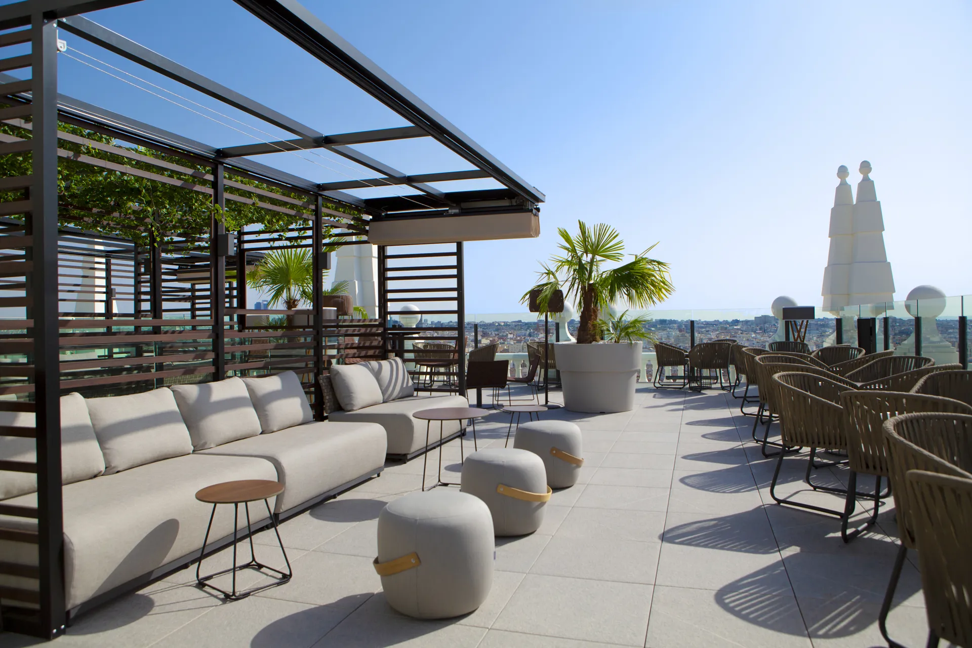 Sunny roof top bar at Hotel Riu Plaza Espana in Madrid, Spain