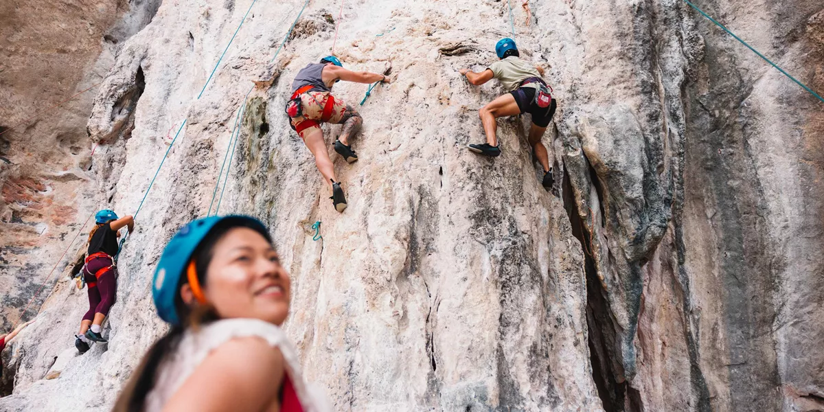 Group Climing A Cliff In Krabi