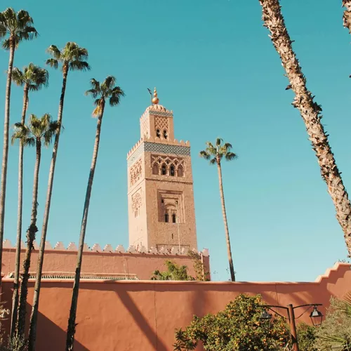 Koutoubia Mosque and palm trees in Marrakesh, Morocco, a landmark visited on the Contiki Lisbon to Marrakesh Tour