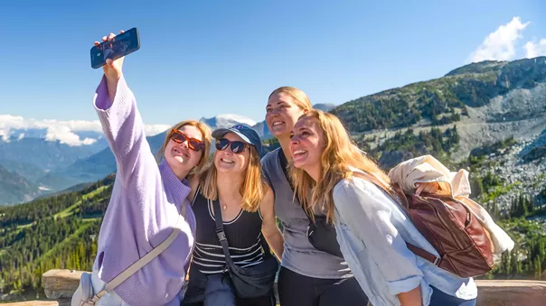Group Of Young Female Travelers Taking Selfie Vancouver Canada