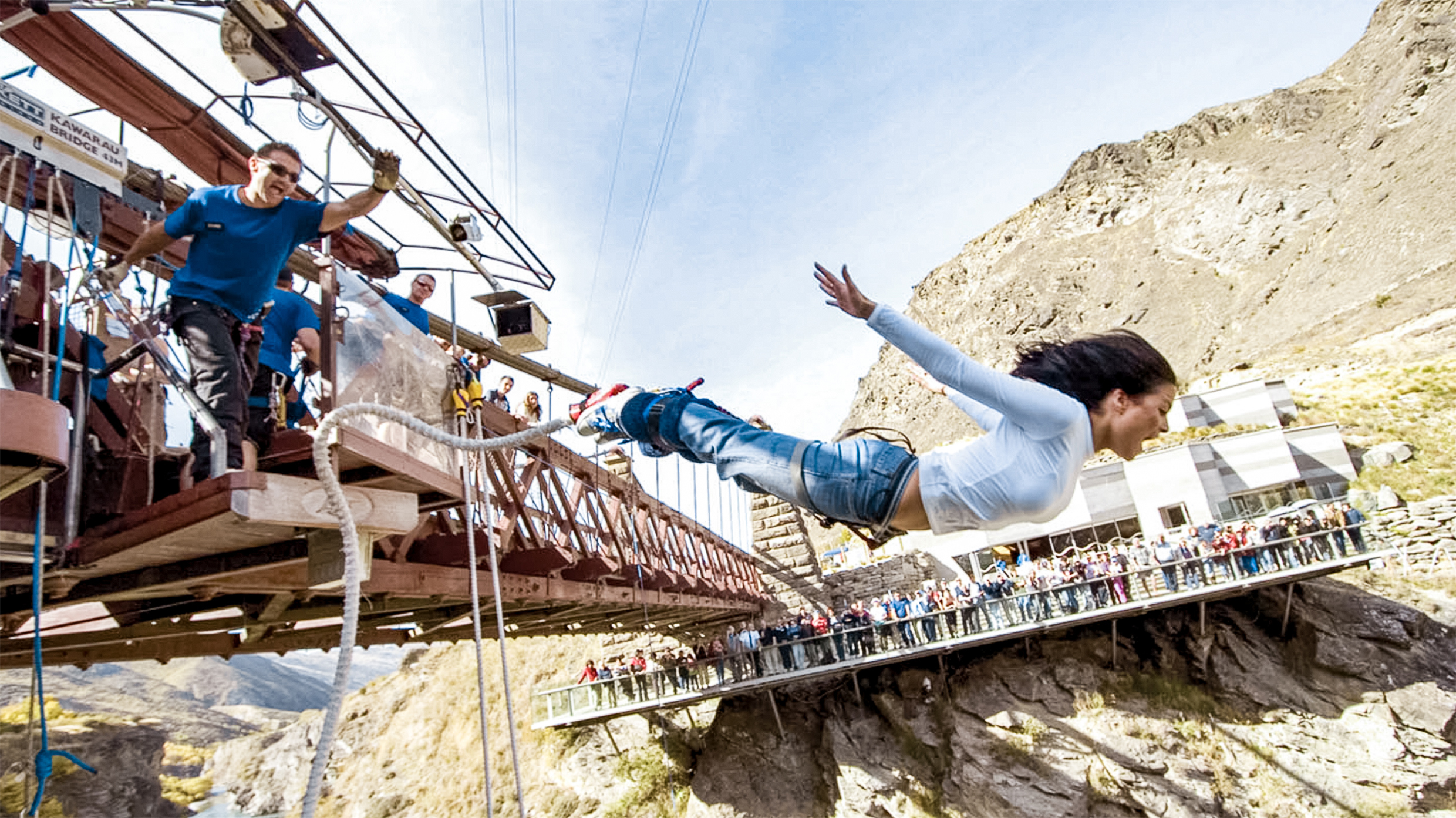 Traveller bungy jumping from the Kawarau Bridge in Queenstown, New Zealand