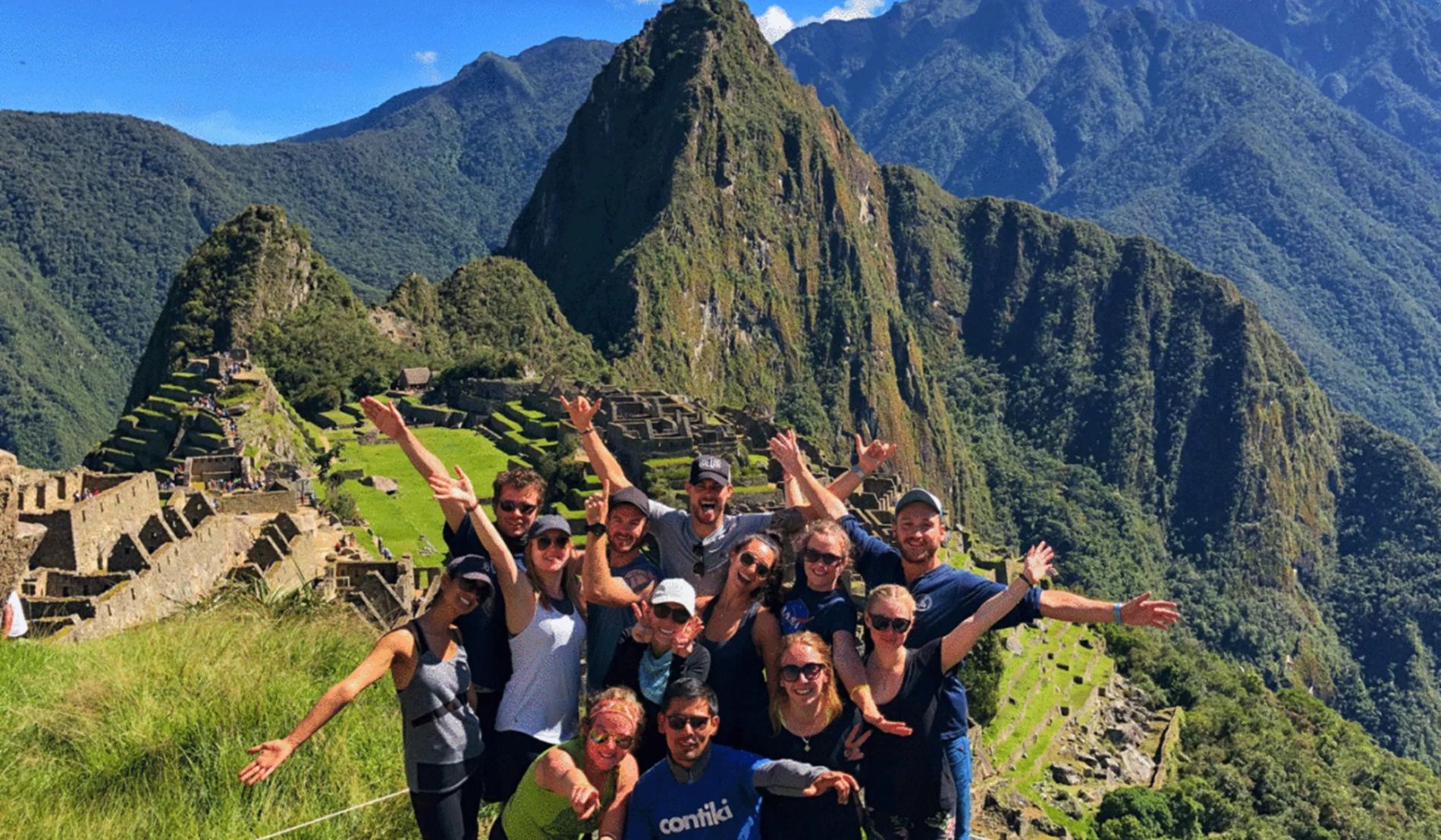 Group Of Happy Young People Mountains Landscape At The Background