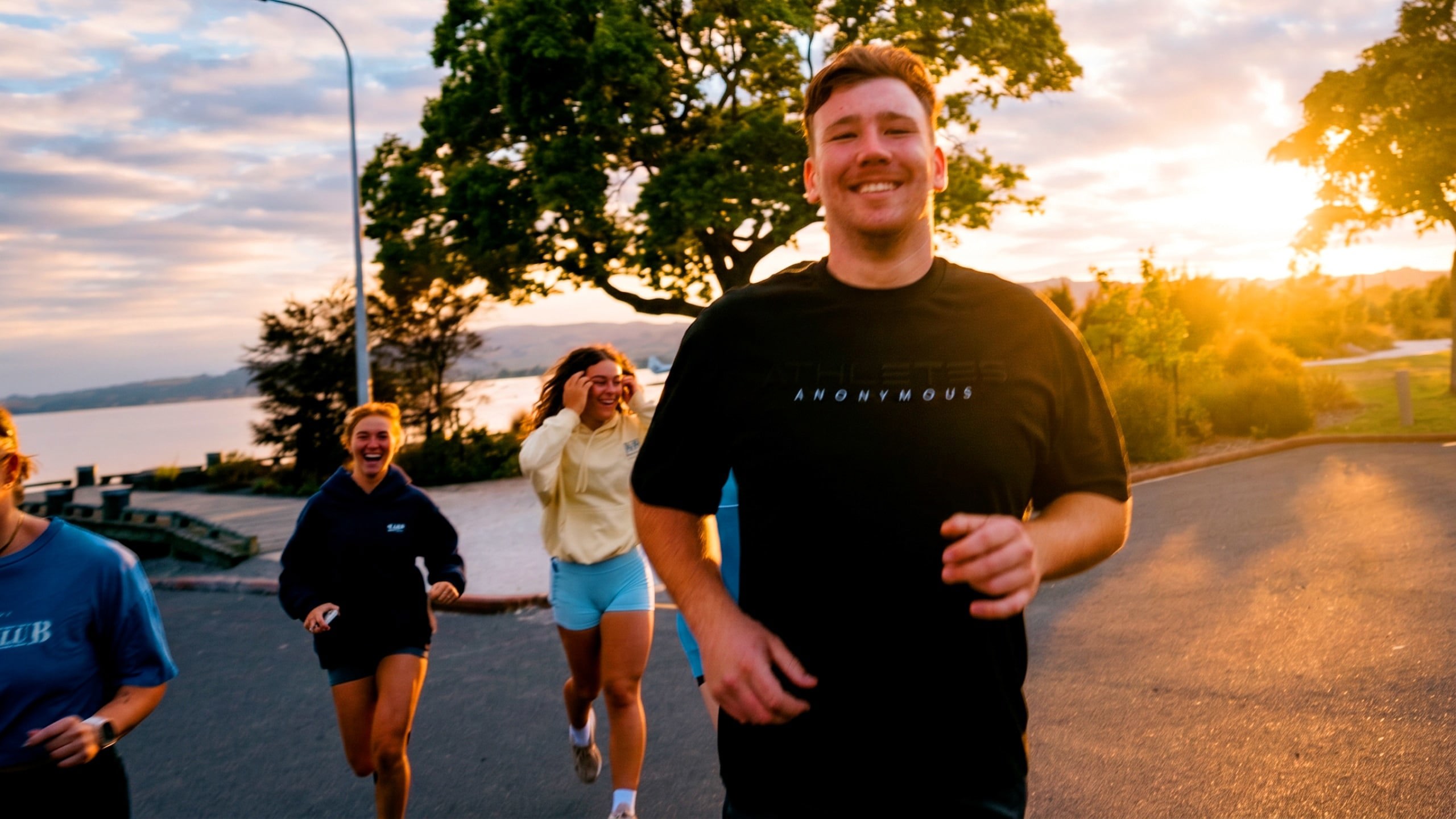 A group of travellers jog together along a lakeside road in New Zealand at sunset, smiling and enjoying the run - Contiki NZ Run Club: Muriwai Half Marathon Tour