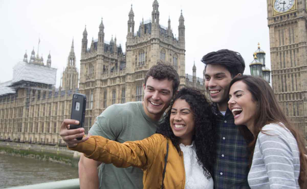 Group Taking Selfie Outside Houses Of Parliment London