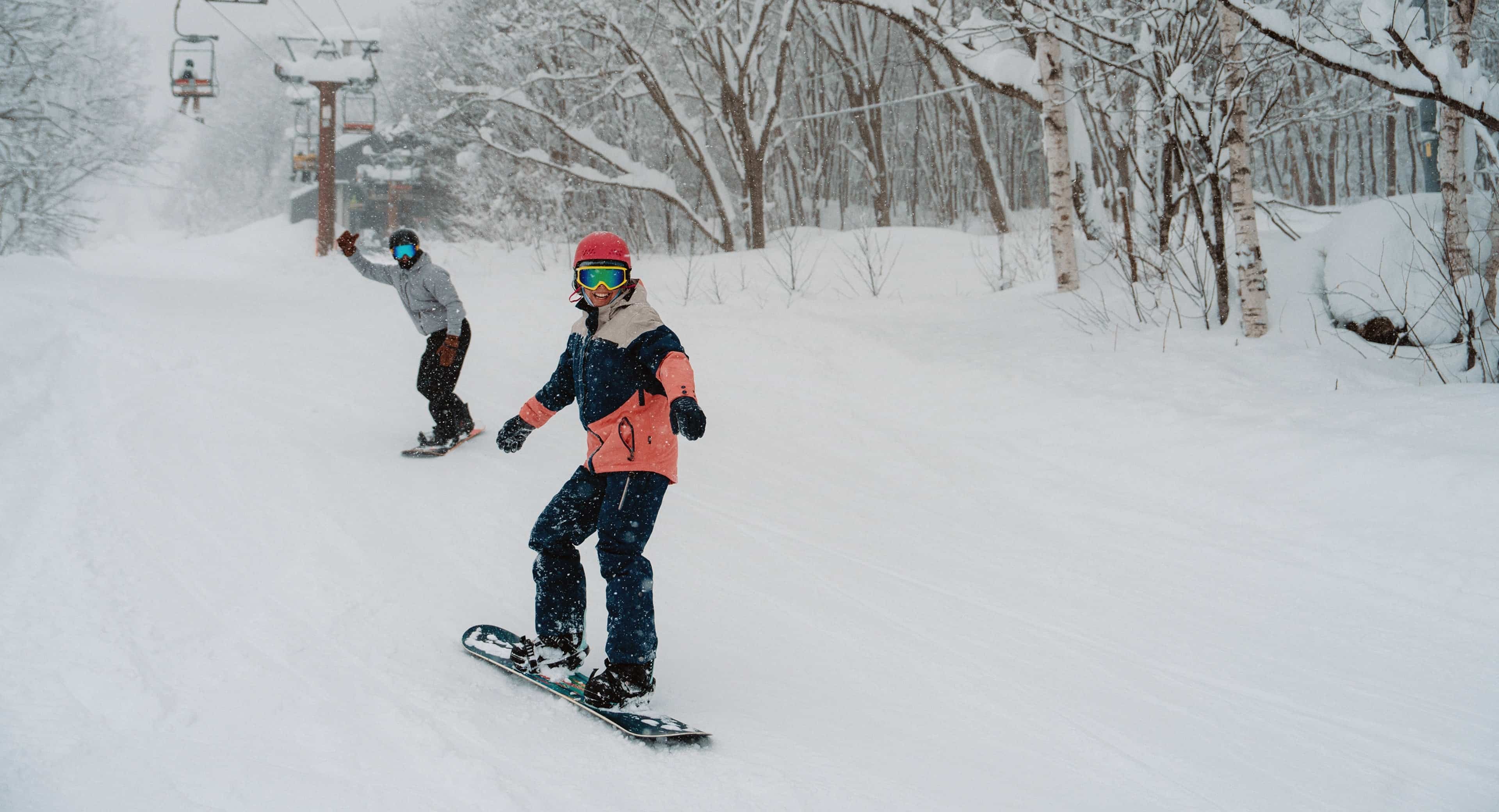 Snowboarders Board Down Snowy Slope Hakuba Japan