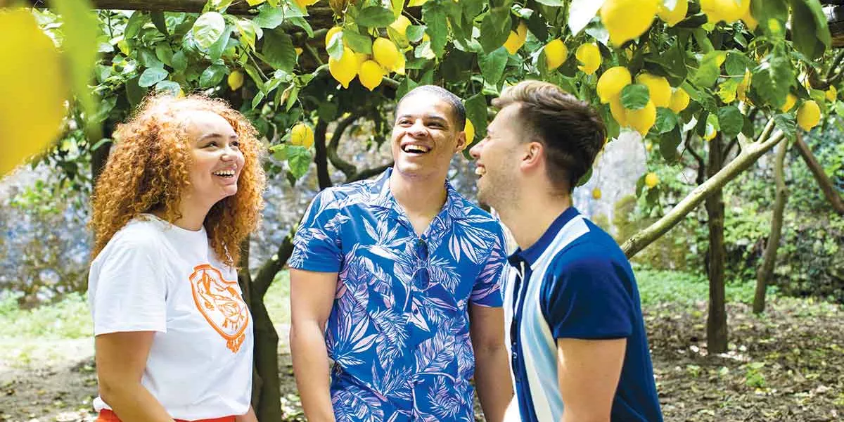 Group Of Travelers At Lemon Grove In Amalfi Coast Italy