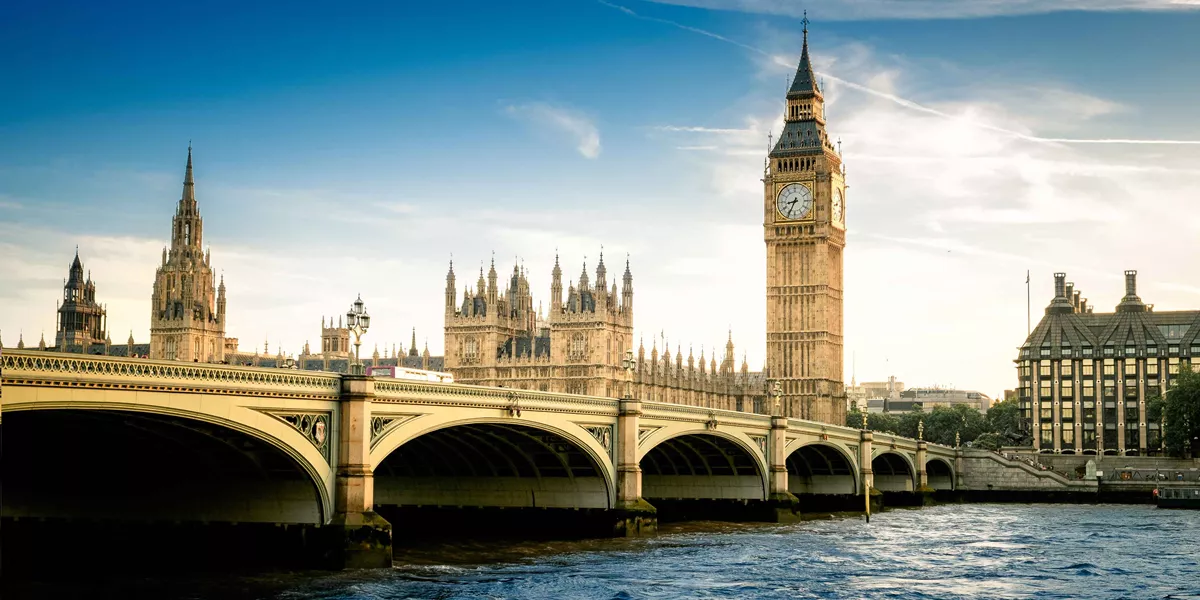 Big Ben London Bridge Blue Skies Thames