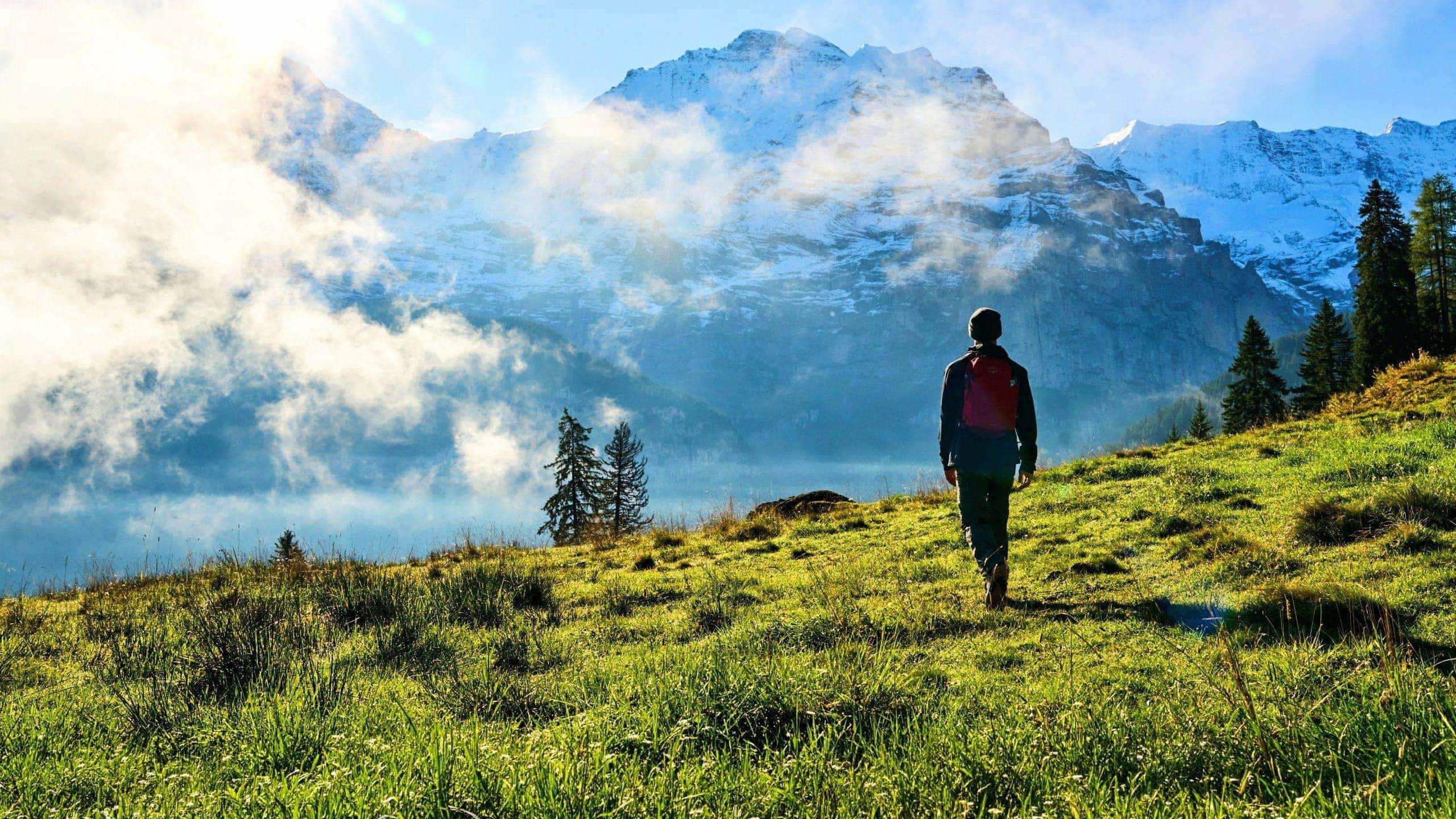 Traveller hiking through the Austrian Alps with panoramic mountain views on the Contiki Active Austrian Alps Tour