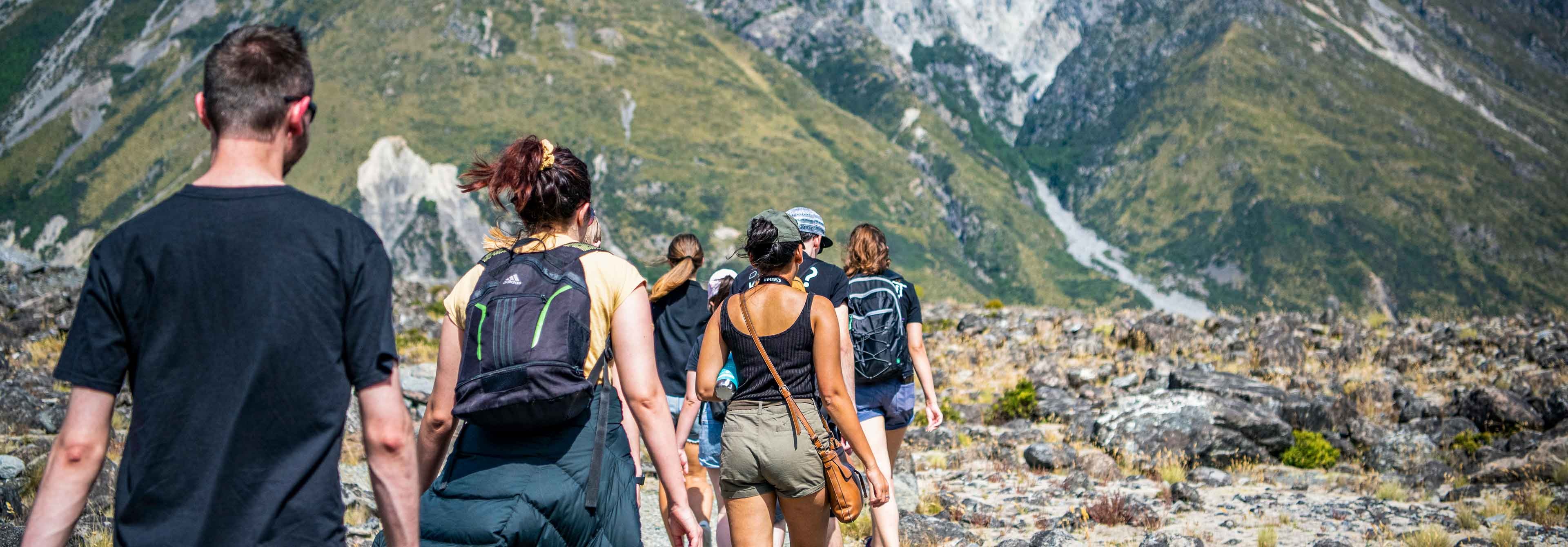 Group Of Adventurers Hiking Through New Zealand Mountains