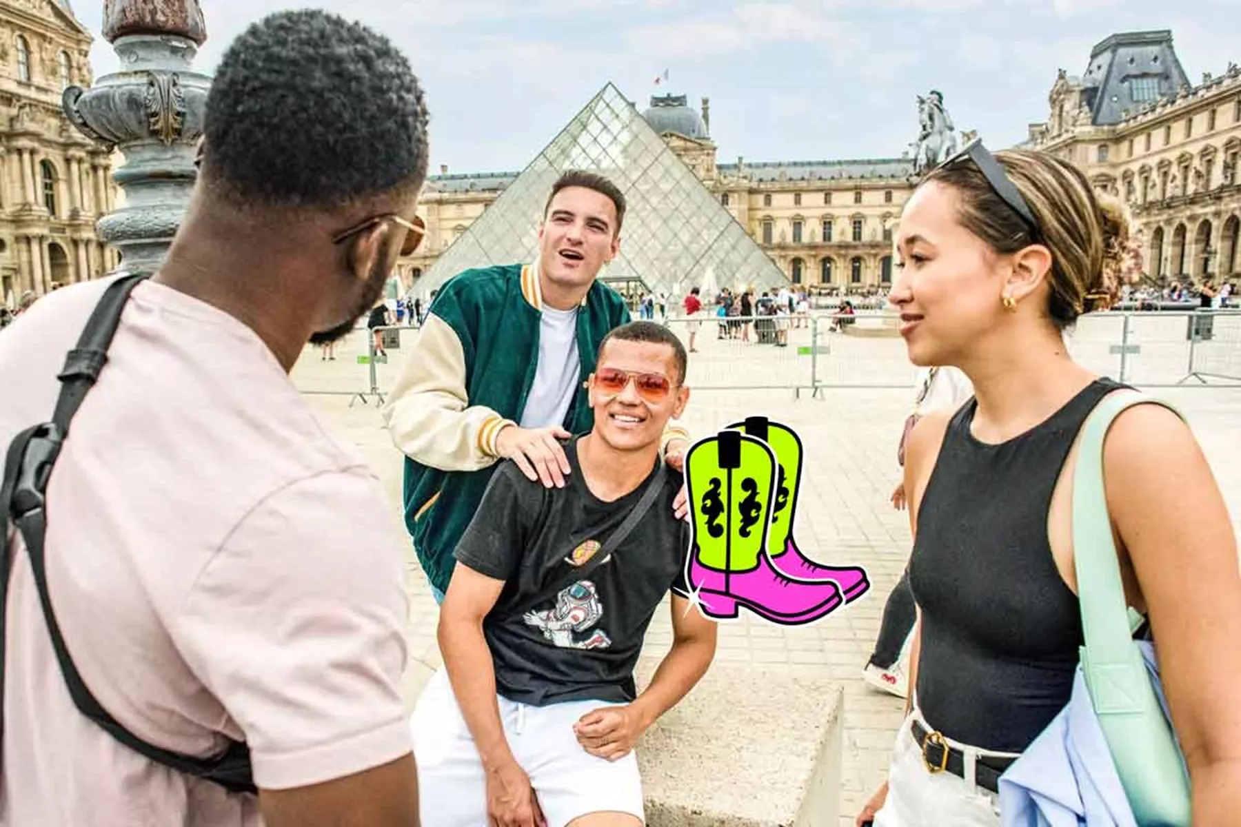 Group of young travellers outside the Louvre in Paris, France