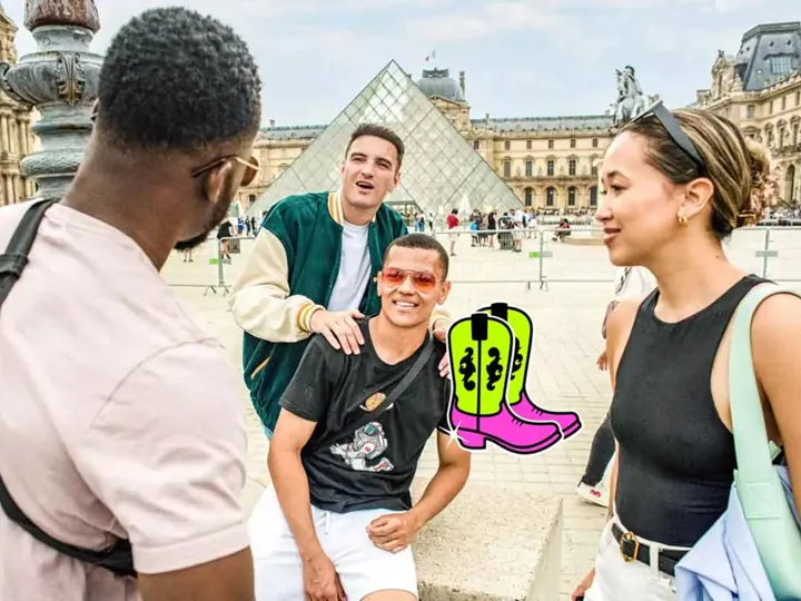 Group of young travellers outside the Louvre in Paris, France