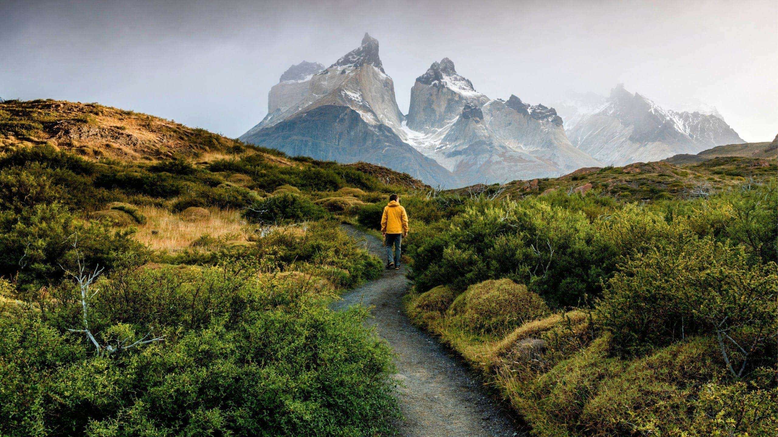 Traveller hiking through Patagonia with dramatic mountain peaks on the Contiki Active Patagonia Tour