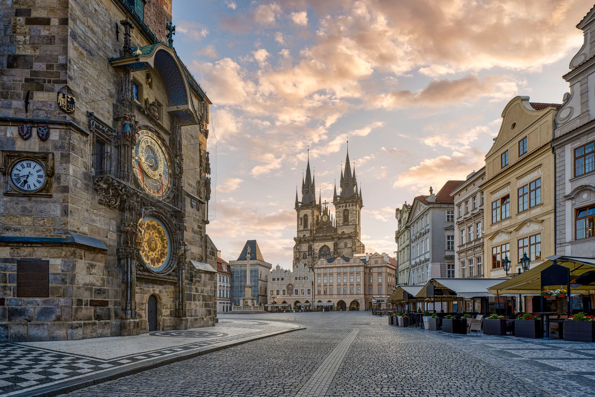 Old Town Square with astronomical clock in Prague in Czech Republic