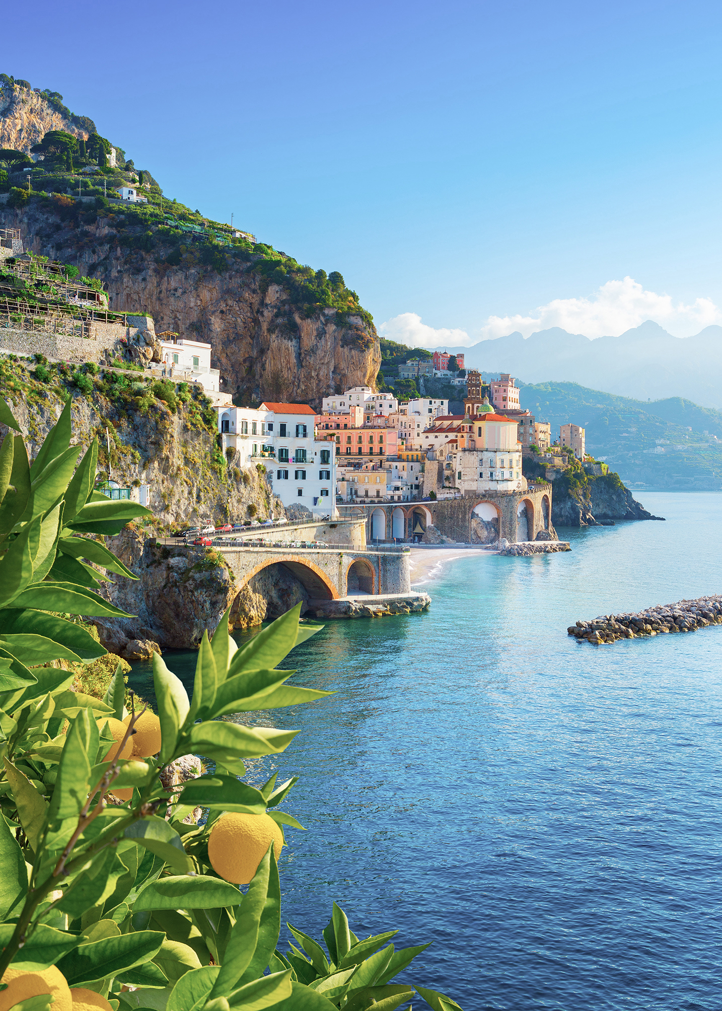 A portrait view of a colourful town along the Amalfi Coast, Italy