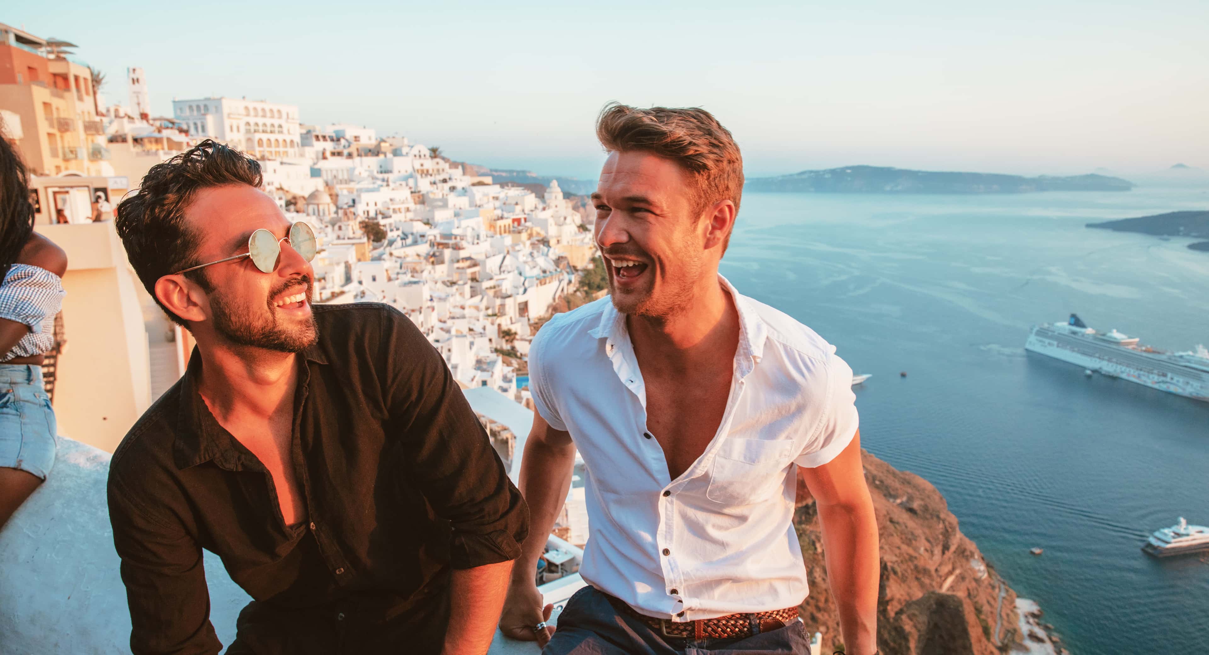 Travellers Enjoying Sunset Santorini Greek Island Hopping