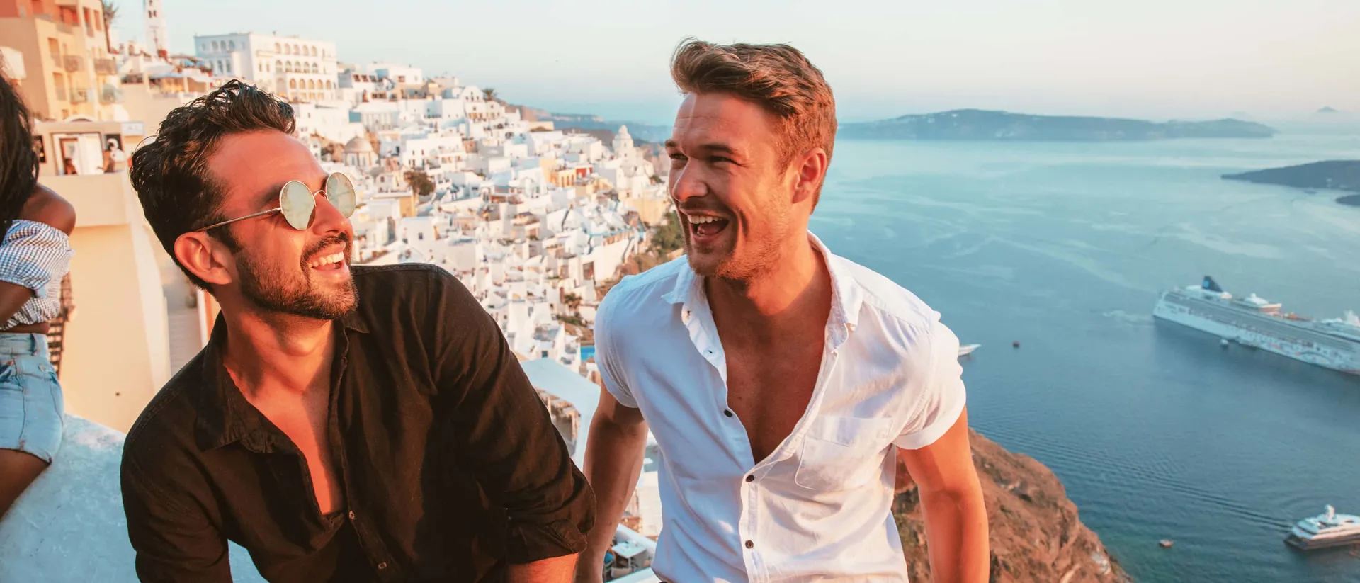 Travellers Enjoying Sunset Santorini Greek Island Hopping