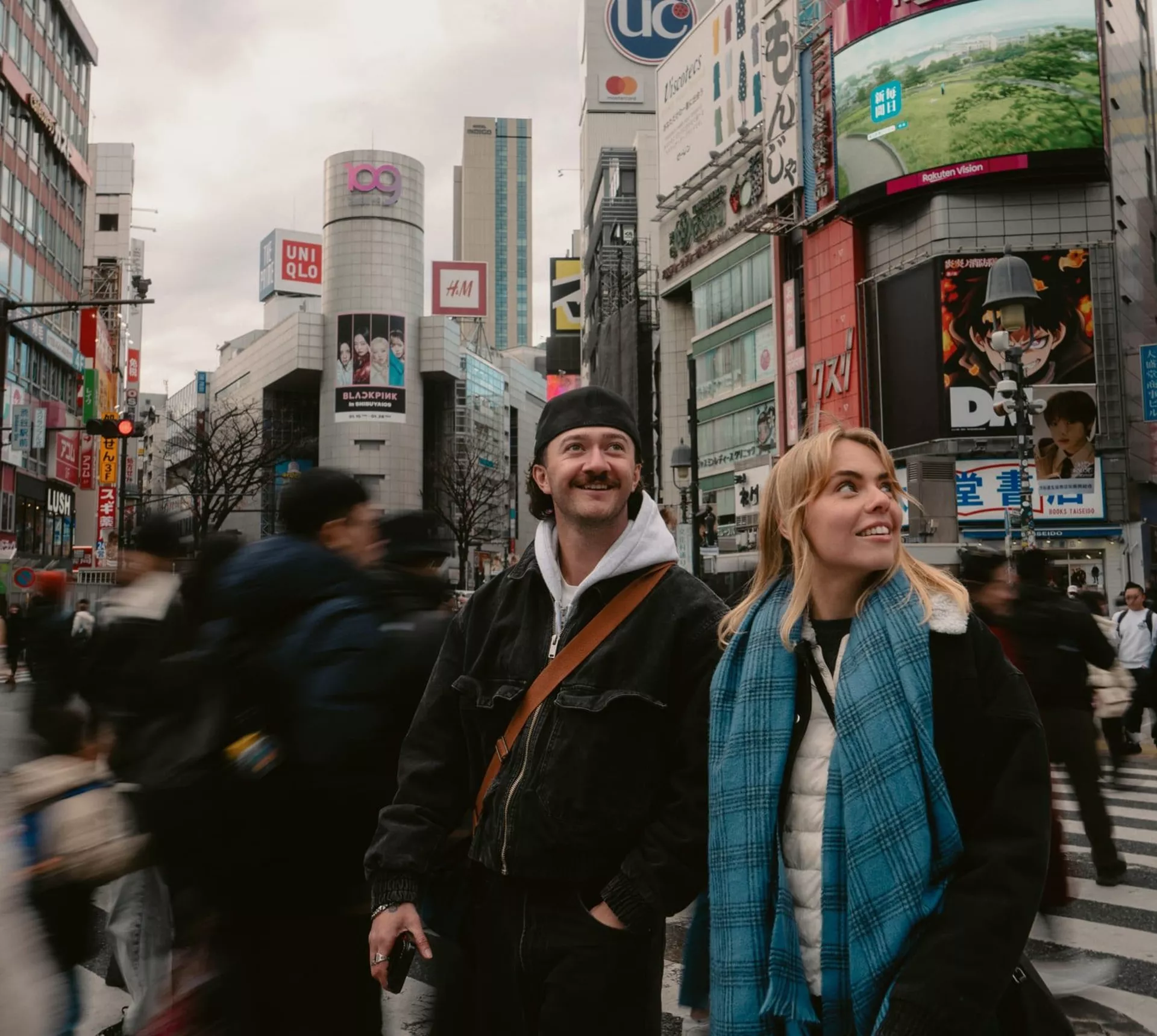 Contiki travellers experience the energy of Shibuya Crossing in Tokyo during Contiki's Japan in Winter by Train Tour