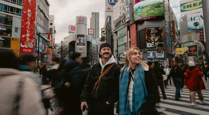 Contiki travellers experience the energy of Shibuya Crossing in Tokyo during Contiki's Japan in Winter by Train Tour