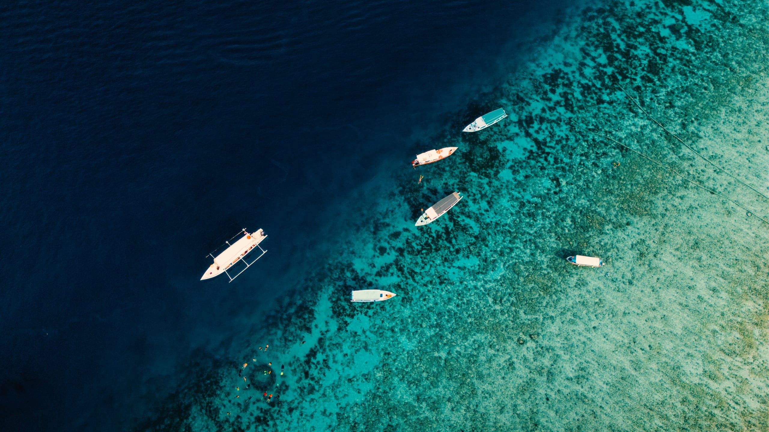 Aerial drone view of boats and snorkellers over a vivid turquoise coral reef drop-off in Bali Indonesia - Contiki Bali Island Hopping Tour