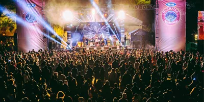 Large crowd watching a live performance on the main stage at MTN Bushfire Festival in Eswatini with dramatic blue stage lighting at night - Contiki Kruger Safari & Bushfire Festival
