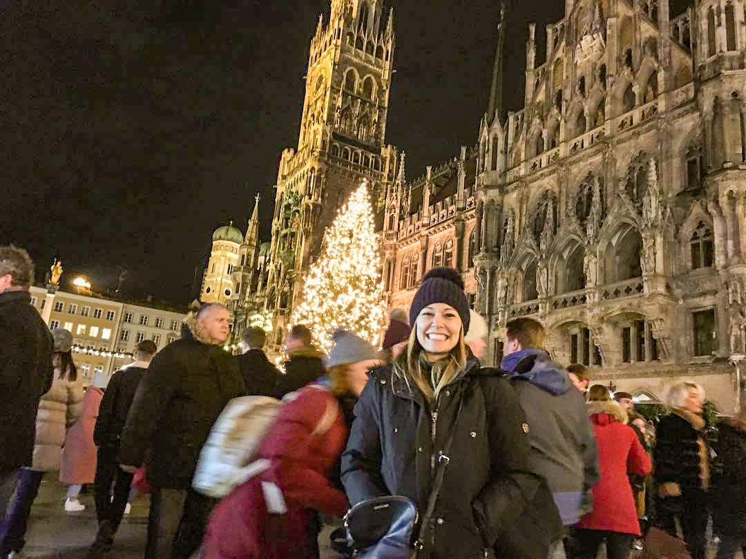 Traveller stood in front of the Frauenkirche in Munich, Germany