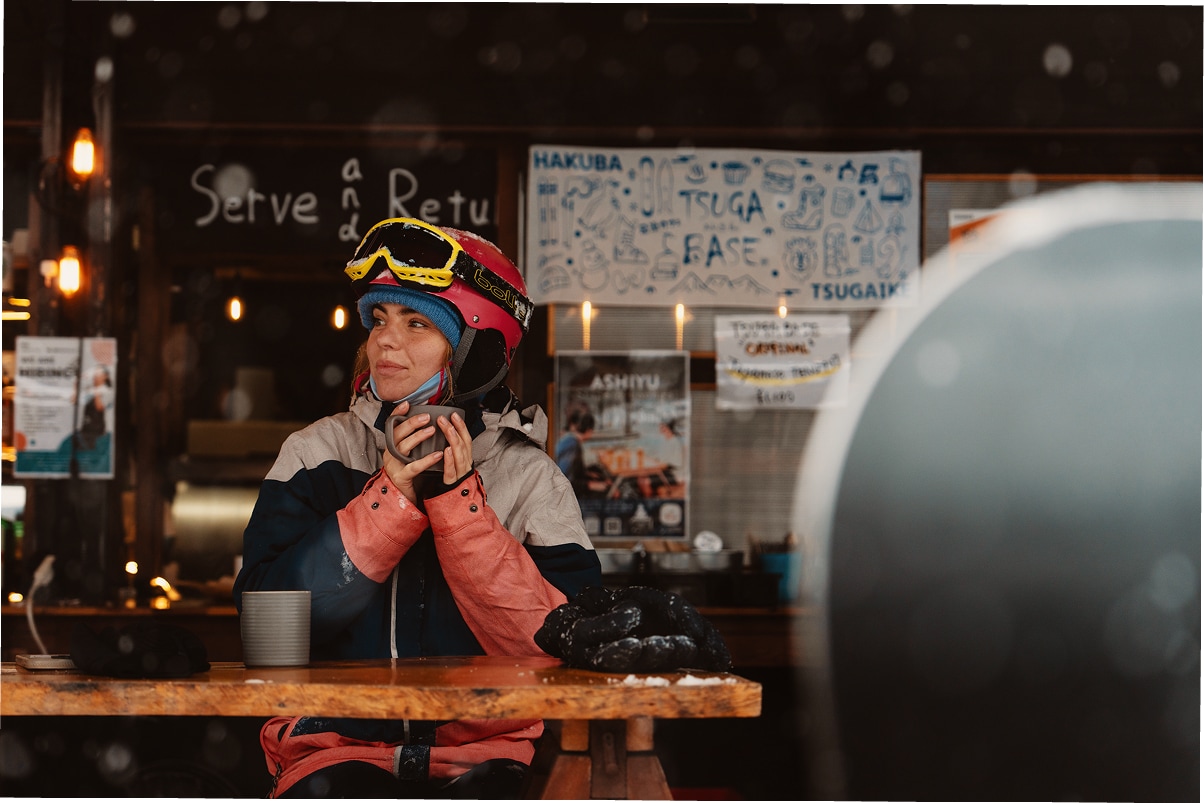 Woman Enjoys Hot Chocolate Mountain Cafe Hakuba Japan