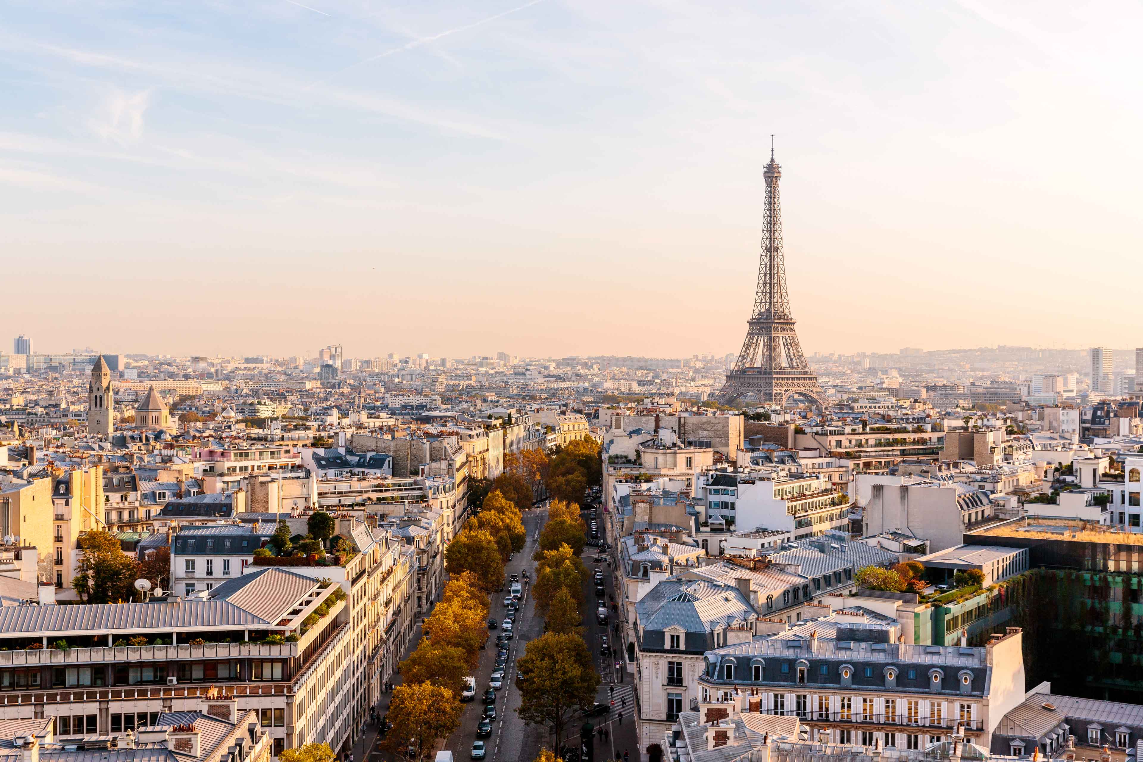 Paris Skyline With Eiffel Tower At Sunset Aerial View France