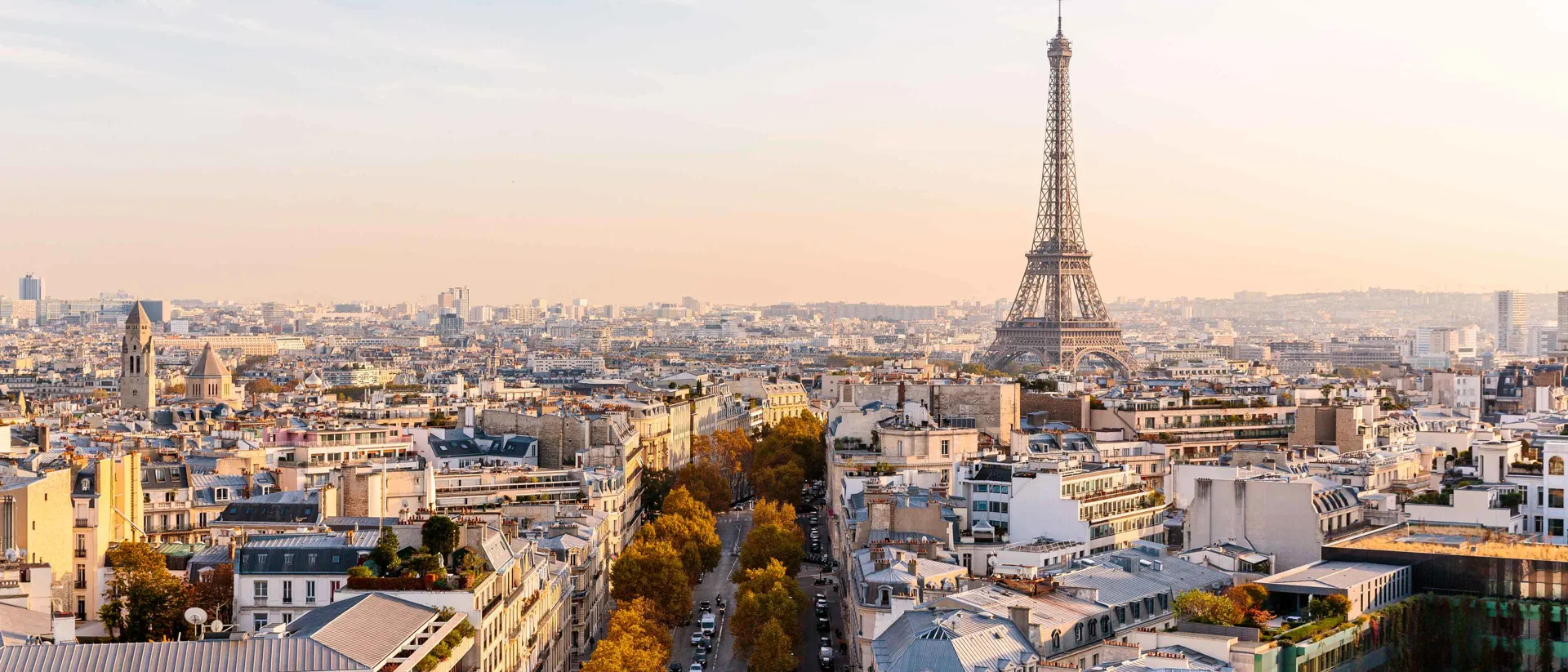 Paris Skyline With Eiffel Tower At Sunset Aerial View France